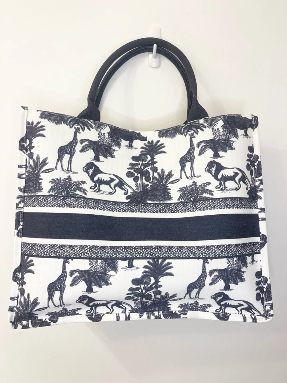 Monochrome Safari Print Tote Bag with Blue Handles